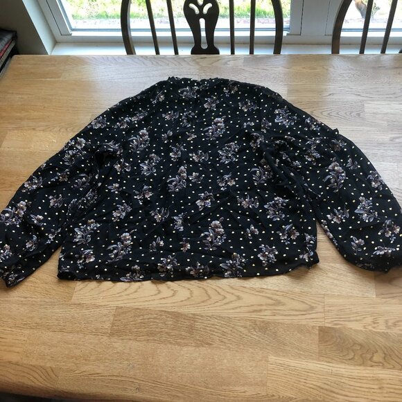 Urban Romantics Black Floral Top Mockneck Metallic Gold Puff Sleeve Small - Picture 3 of 11